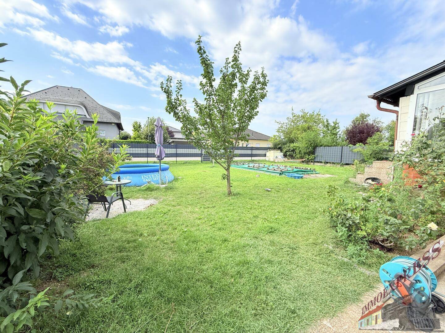 Grüner Garten mit jungem Baum, Sträuchern und einem kleinen aufblasbaren Pool im Hintergrund.
