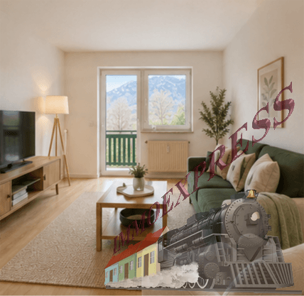 Helles Wohnzimmer mit Holzboden, Zugang zum Balkon und Bergblick.