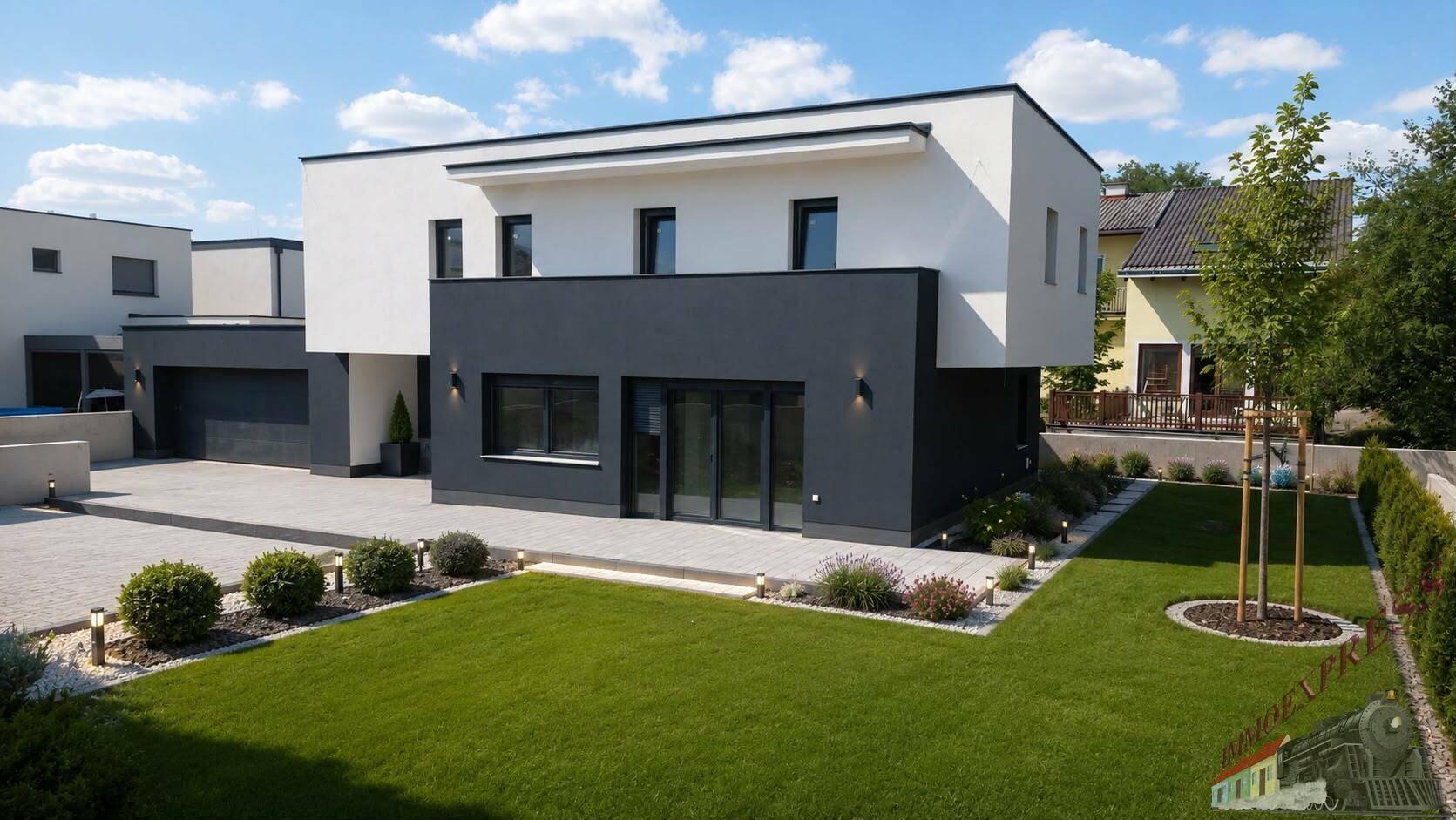 Modernes Einfamilienhaus mit weißer und grauer Fassade, gepflegtem Garten und großer Auffahrt.