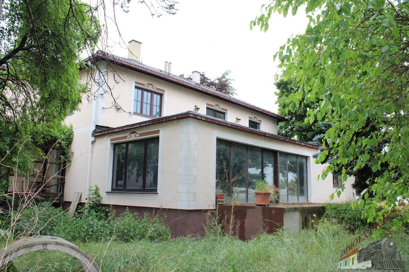 Seitenansicht des Hauses mit einem Wintergarten und umgebender, ungepflegter Vegetation.