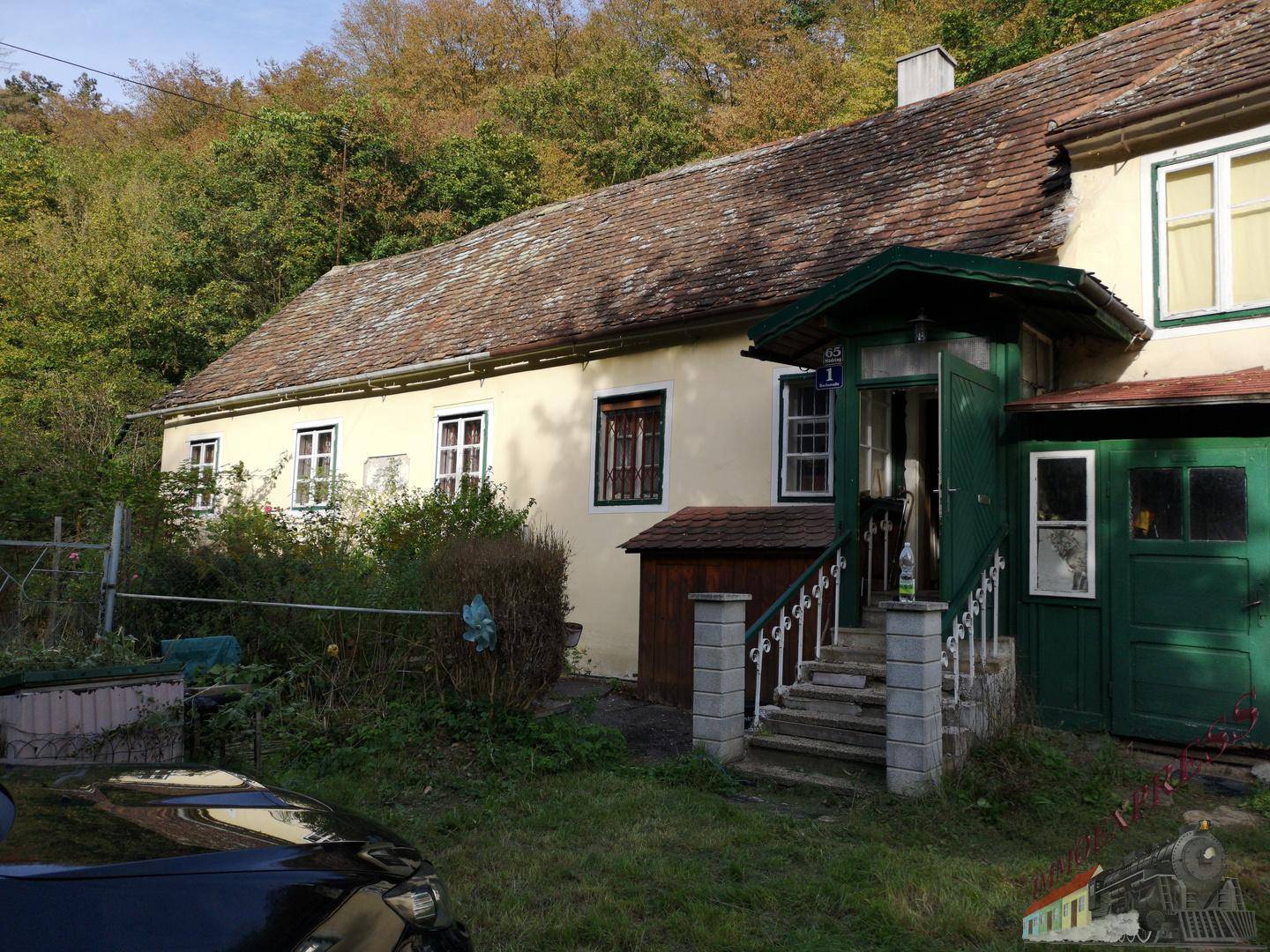 Eingangsbereich eines ländlichen Hauses mit grüner Veranda und Treppe, umgeben von Vegetation.