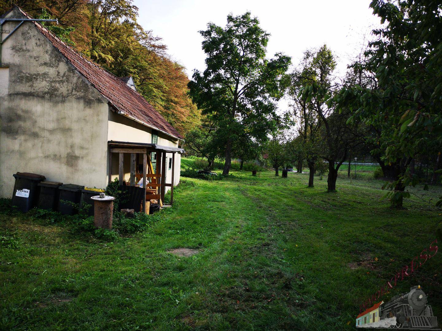 Seitenansicht des Hauses mit angrenzendem Gartenbereich und Mülltonnen, umgeben von Bäumen.