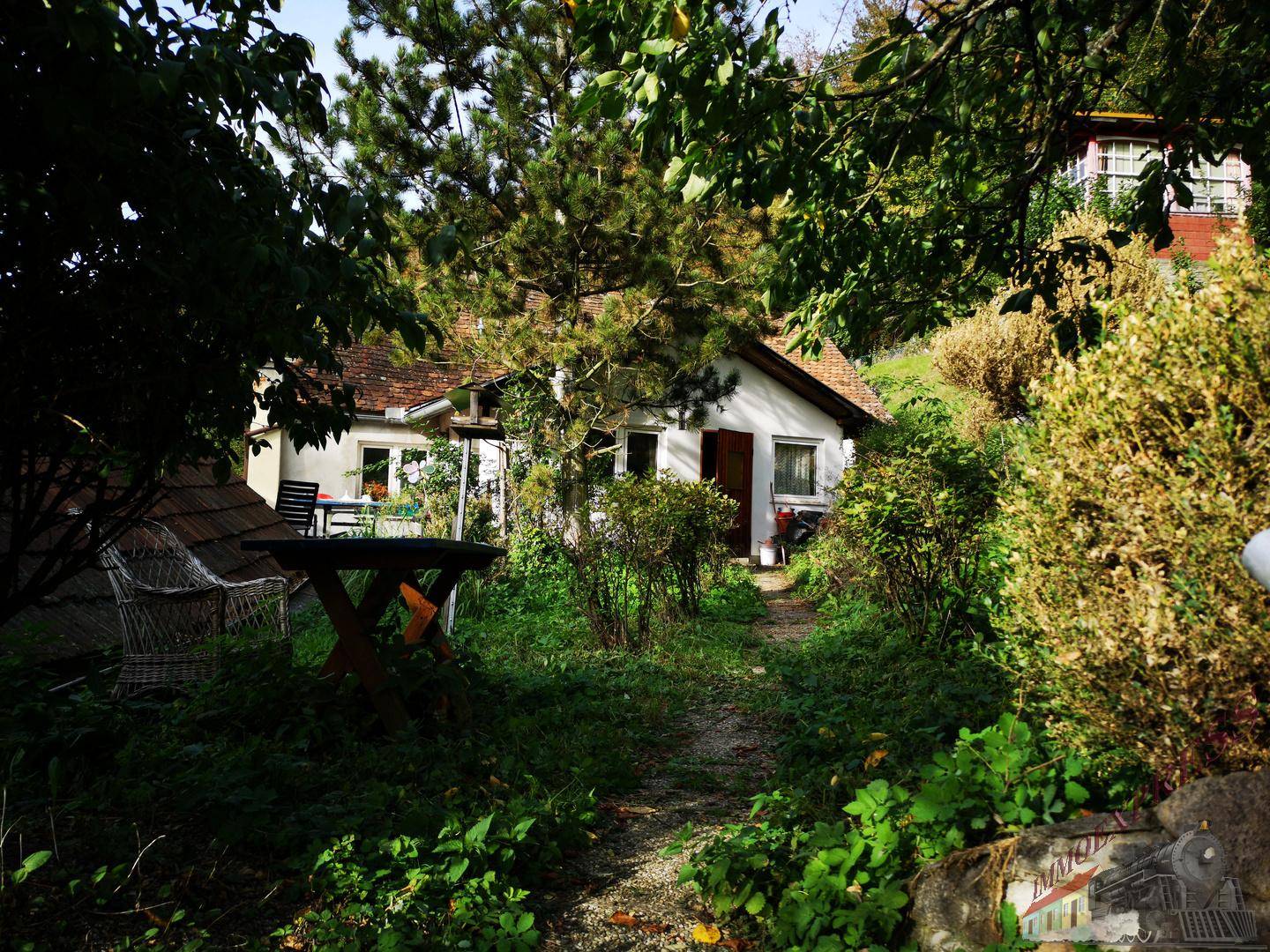 Kleines Haus im Grünen, umgeben von üppiger Vegetation und einem Gartenweg.