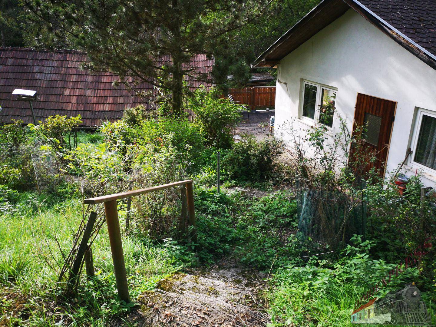 Gartenweg führt durch dichte Vegetation zu einem kleinen Haus im Hintergrund.