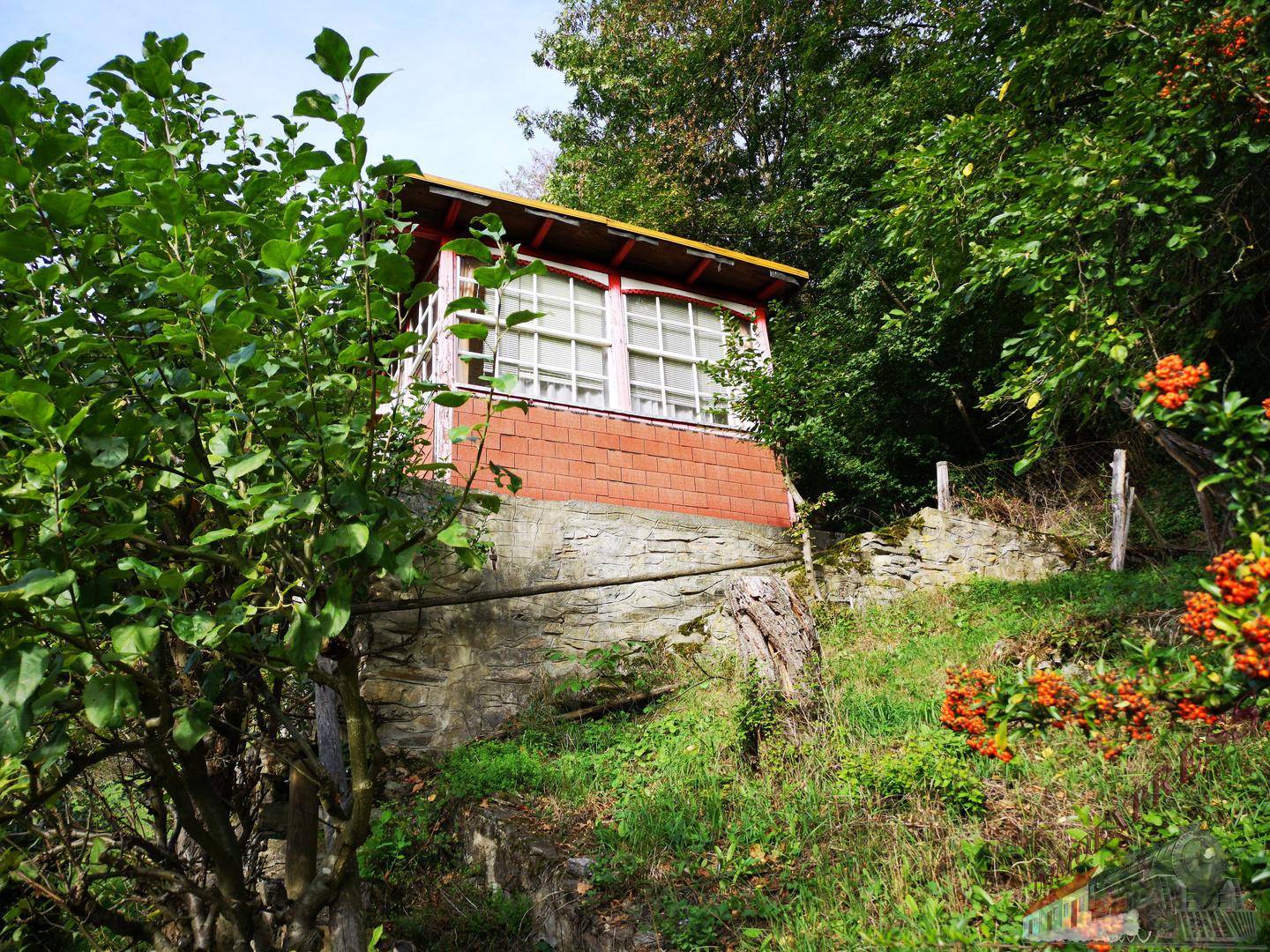 Kleines Gebäude mit vielen Fenstern auf einem Hügel, umgeben von Bäumen und Sträuchern.