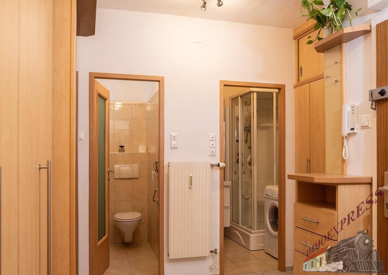 Flur mit Zugang zu separatem WC und Duschbereich mit Waschmaschine.