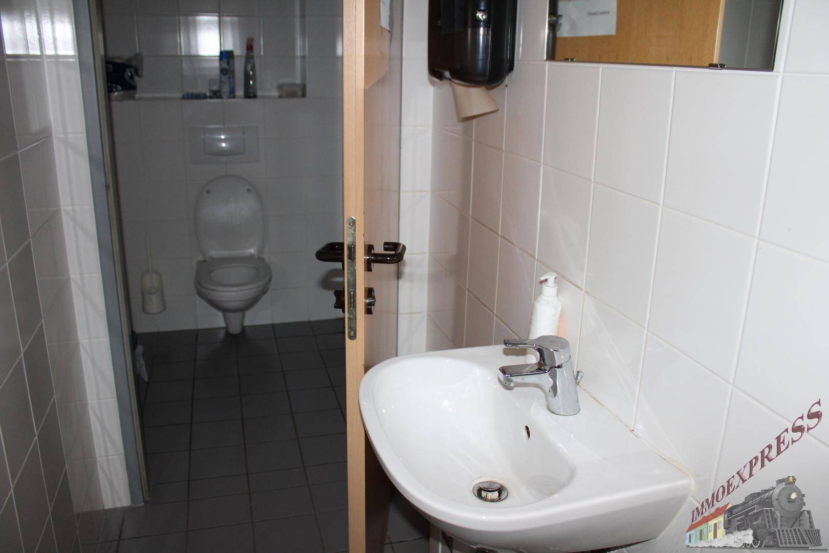 Waschraum mit Waschbecken und Spiegel, angrenzend an eine separate Toilettenkabine.