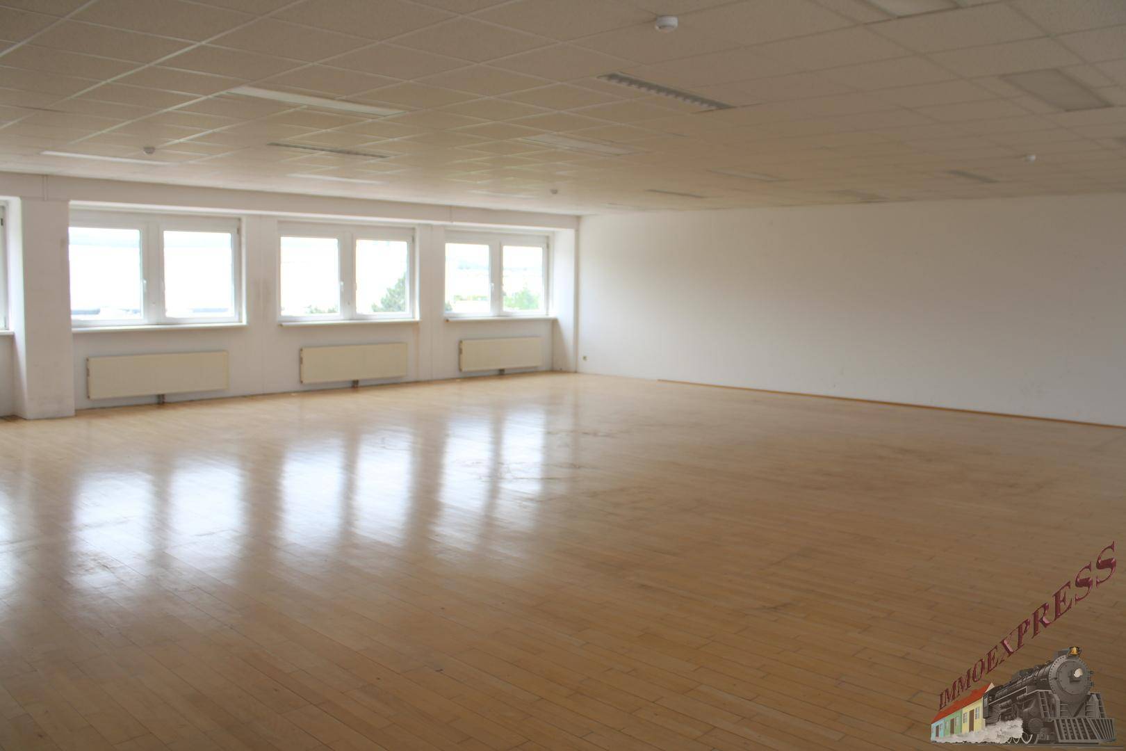 Heller Büroraum mit vielen Fenstern und hellem Holzfußboden, ideal für offene Arbeitsbereiche.