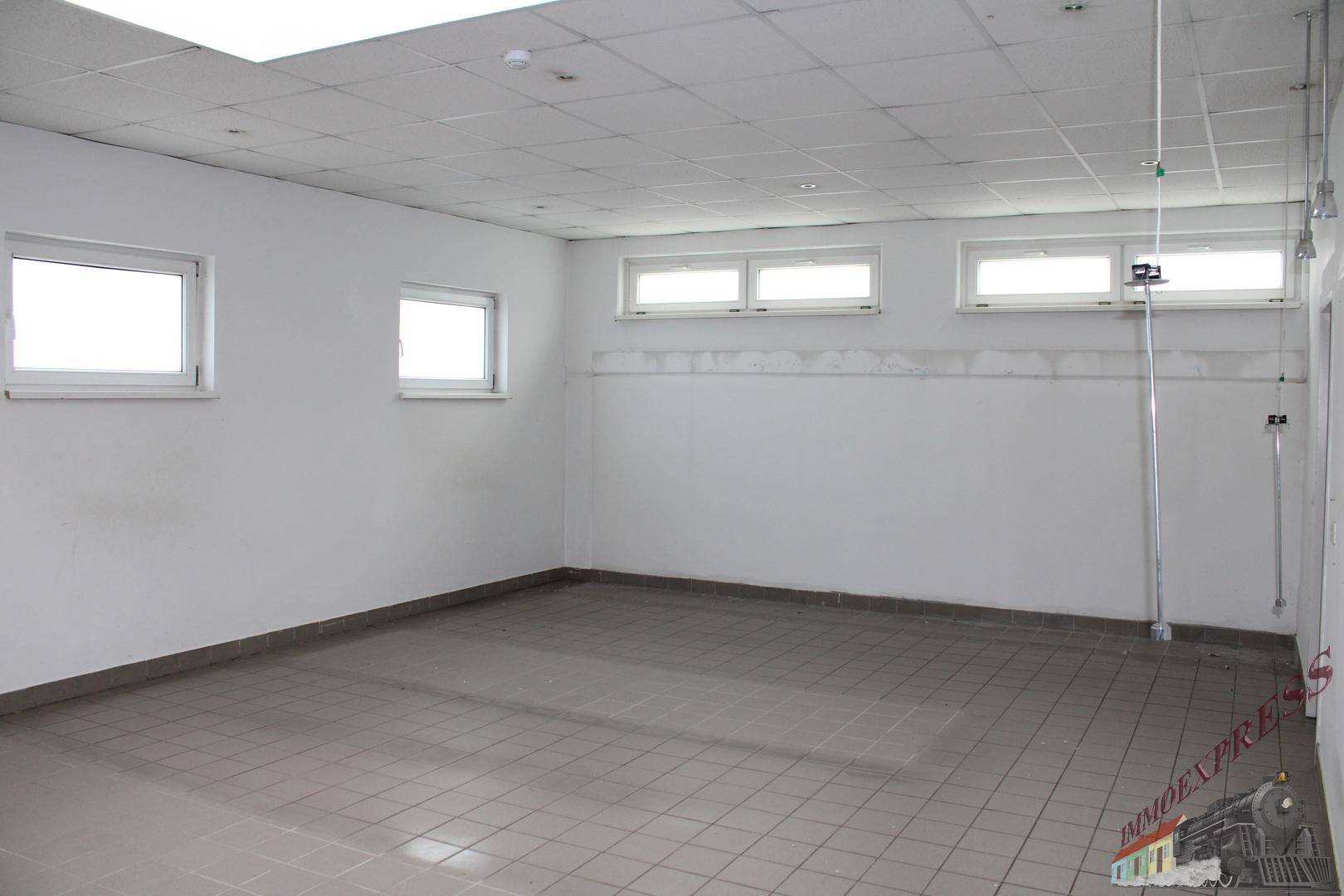 Geräumiger Nutzraum mit gefliestem Boden und mehreren kleinen Fenstern, ideal für Lagerung oder Werkstatt.