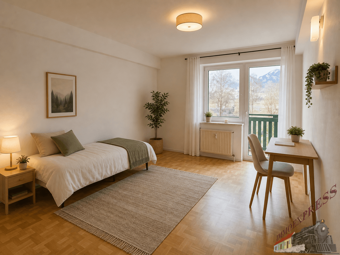 Gemütliches Schlafzimmer mit Holzboden, Schreibtisch und Blick auf die Berge vom Balkon.