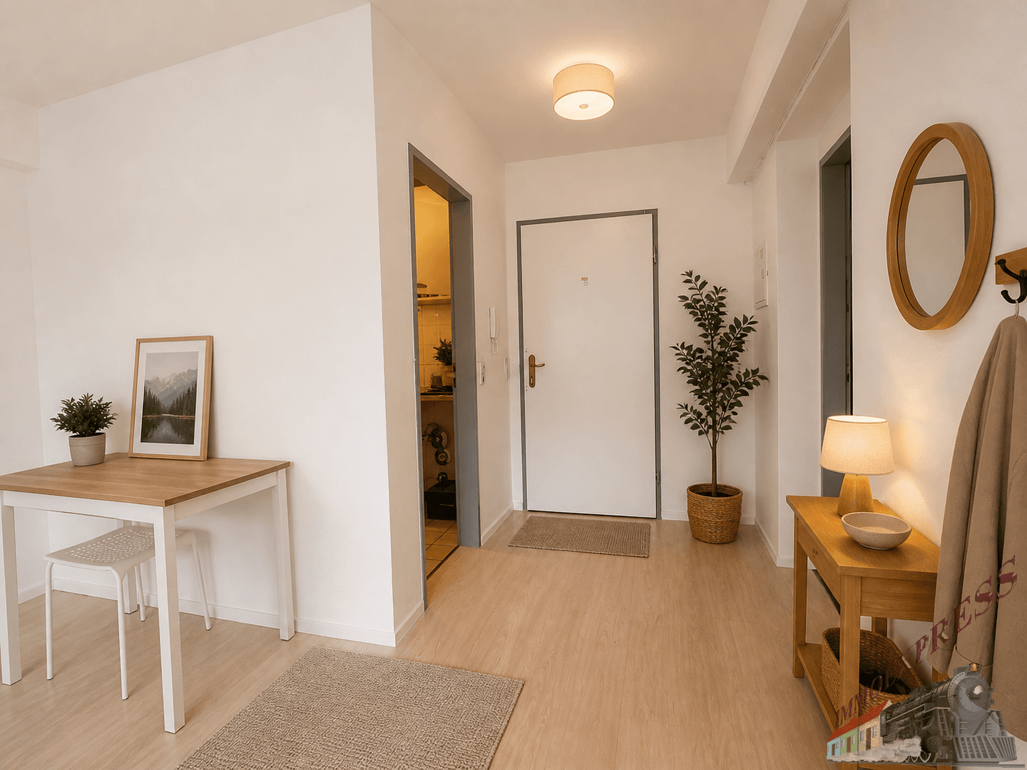 Heller Eingangsbereich mit Holzboden, Garderobe und dekorativen Elementen für einen freundlichen Empfang.