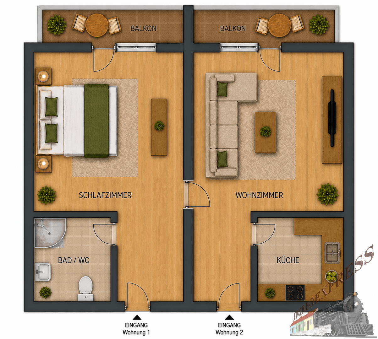 Grundriss für zwei separate Wohnungen mit Schlafzimmer, Wohnzimmer, Küche und Balkon.