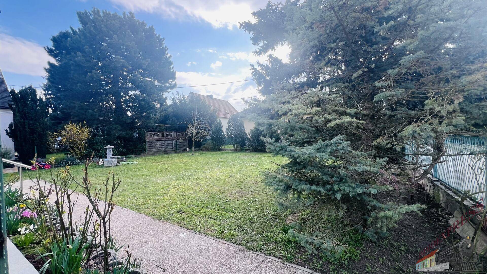 Weitläufiger Garten mit hohen Bäumen und Rasenfläche unter blauem Himmel.