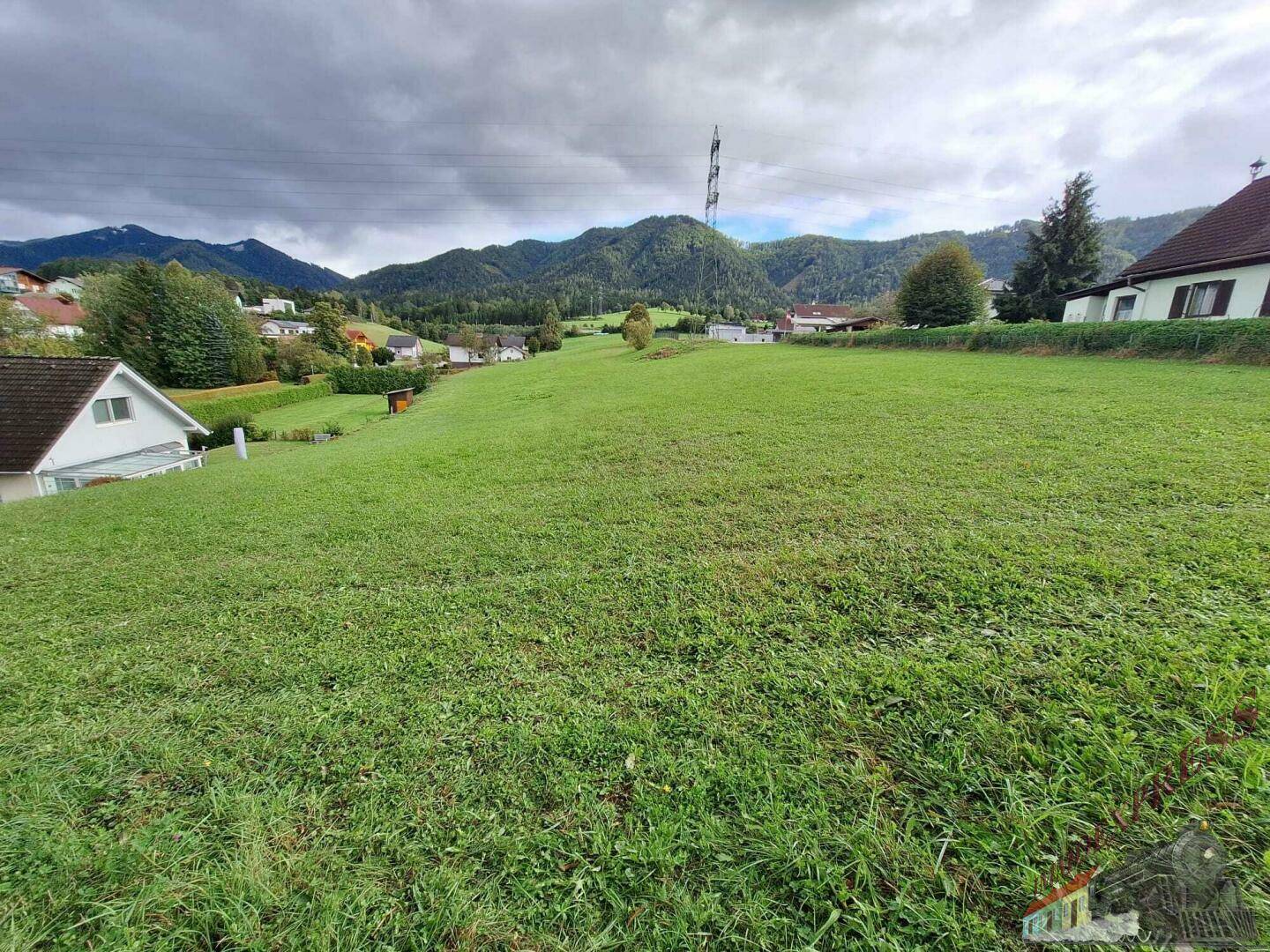 Offene grüne Fläche mit Häusern, Bergen und einem Strommast unter bewölktem Himmel.