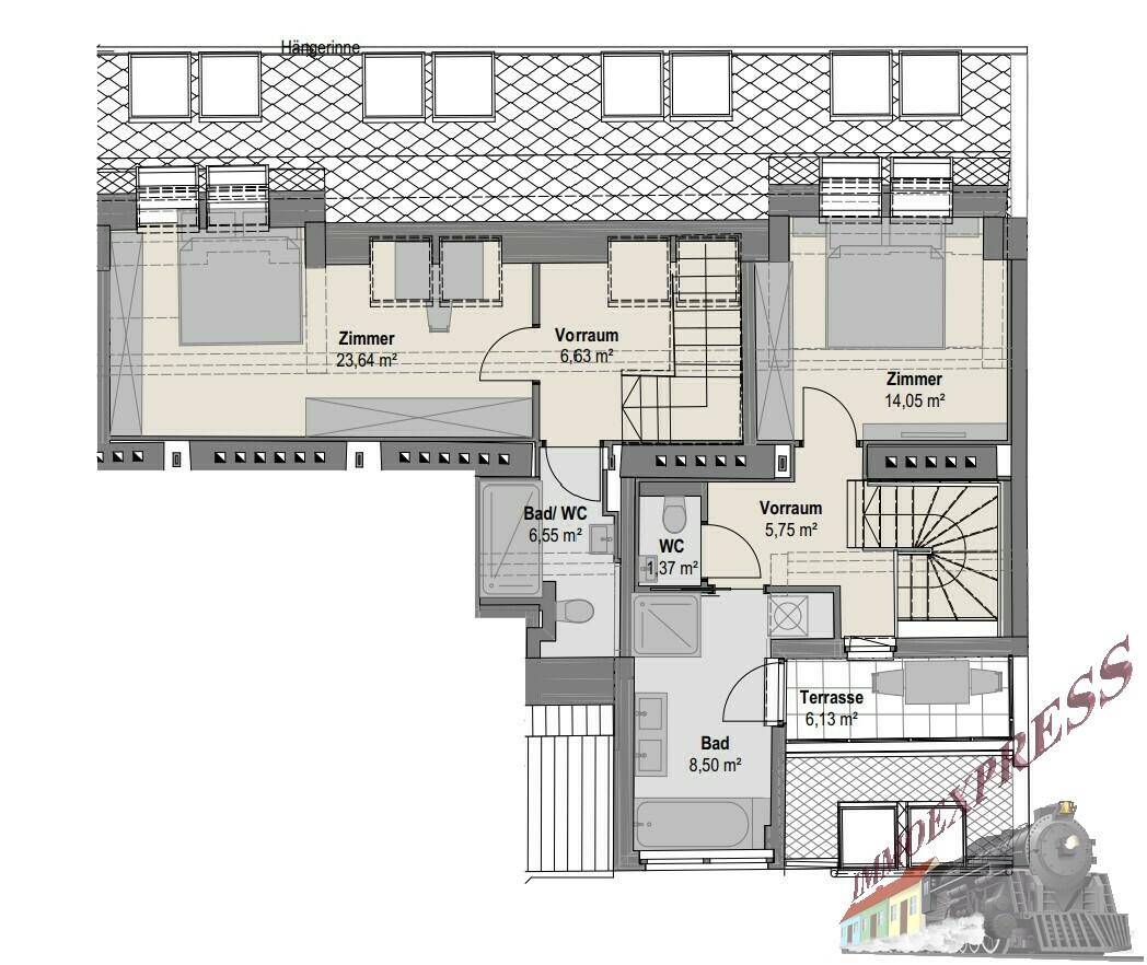 Grundriss einer oberen Etage mit Schlafzimmern, Bädern und einer privaten Terrasse.