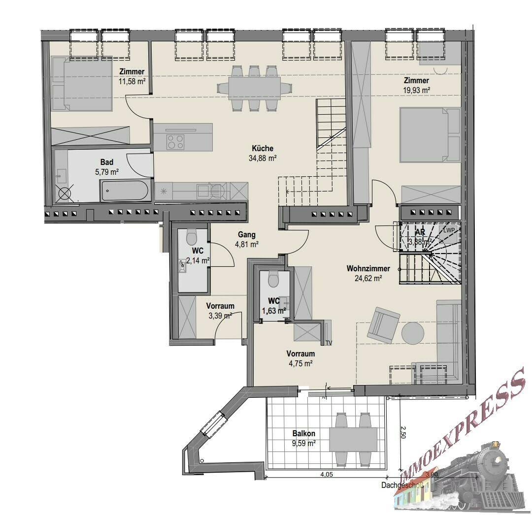 Detaillierter Grundriss einer Wohnung mit Küche, Wohnzimmer, Schlafzimmern und Balkon.