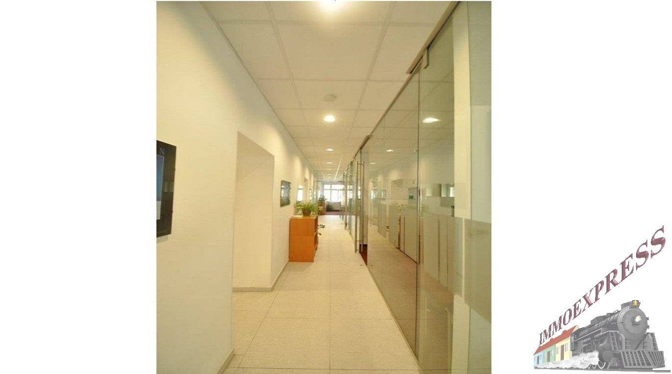 Langer Flur mit Glasabtrennungen zu Büros, hellem Fliesenboden und einer modernen Deckenbeleuchtung.