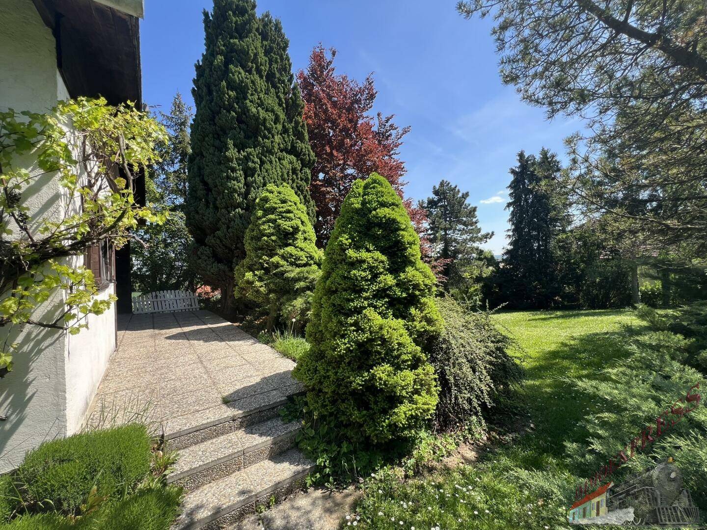 Gemütliche Terrasse mit Steinfliesen und Treppe, umgeben von üppigem Grün.
