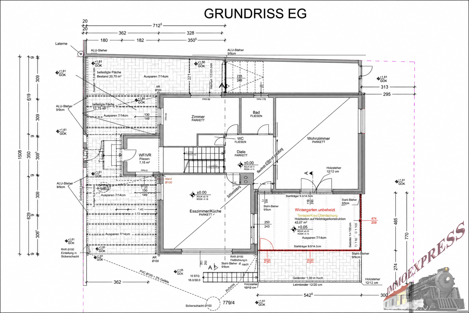 Grundriss des Erdgeschosses mit Esszimmer, Küche, Wohnzimmer und Bad.