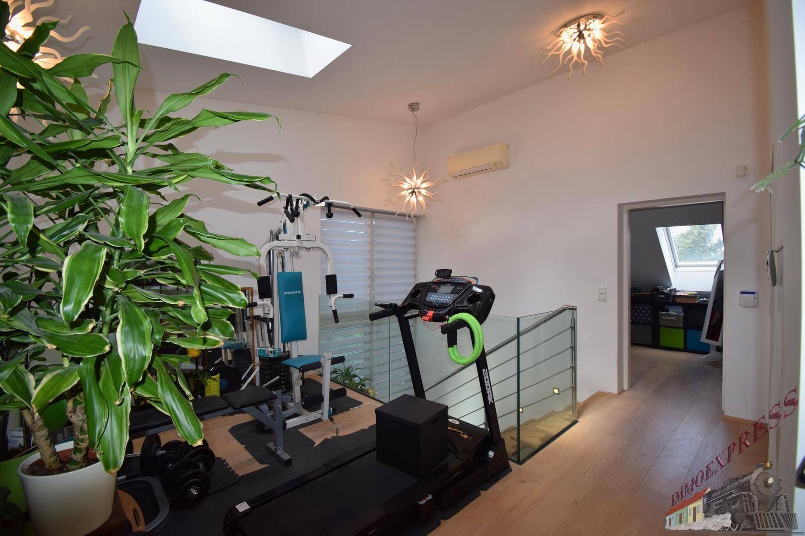 Geräumiger Fitnessbereich mit verschiedenen Geräten, Pflanzen und Klimaanlage.