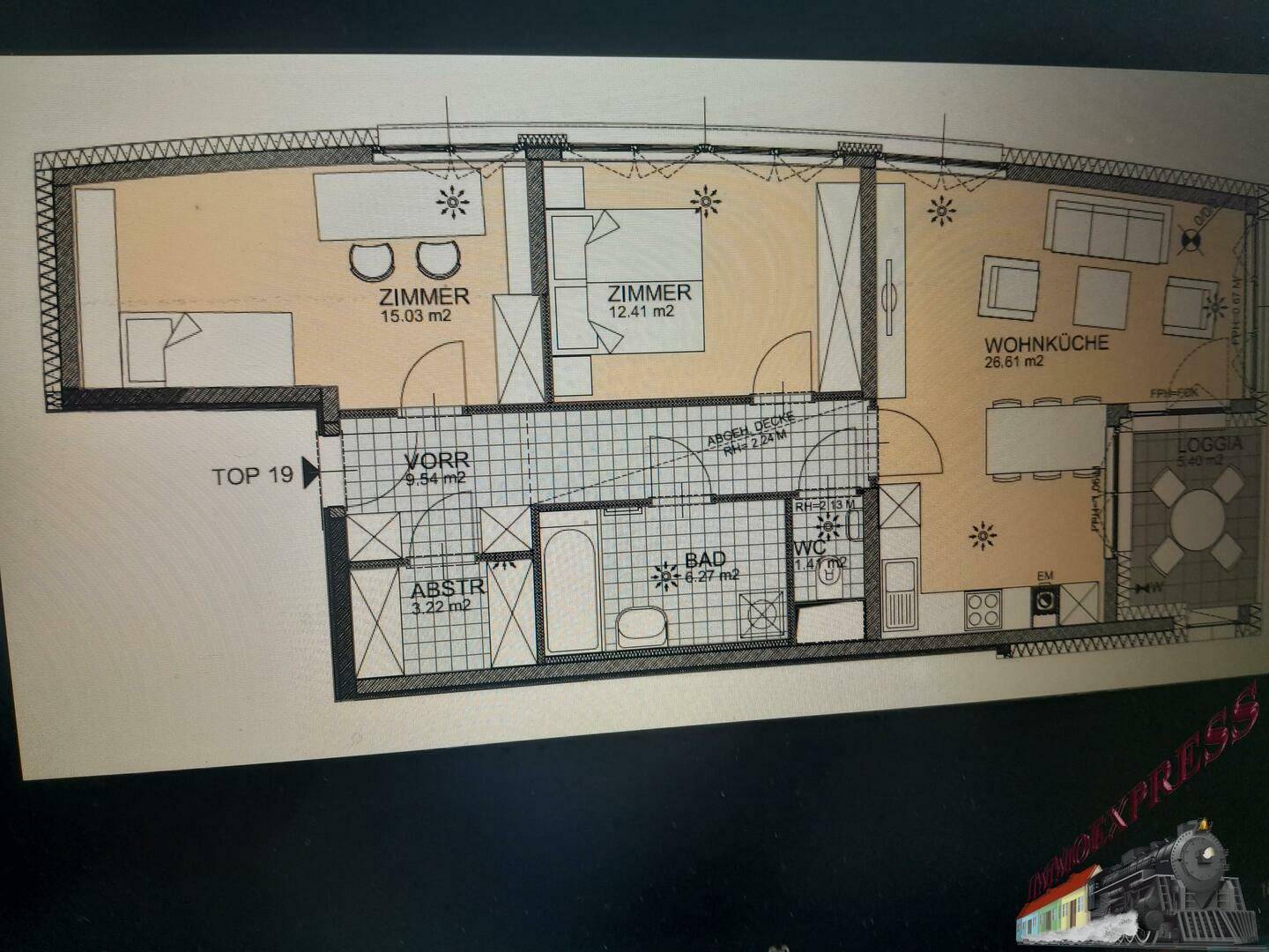 Grundriss der Wohnung mit Wohnküche, zwei Zimmern und Loggia.