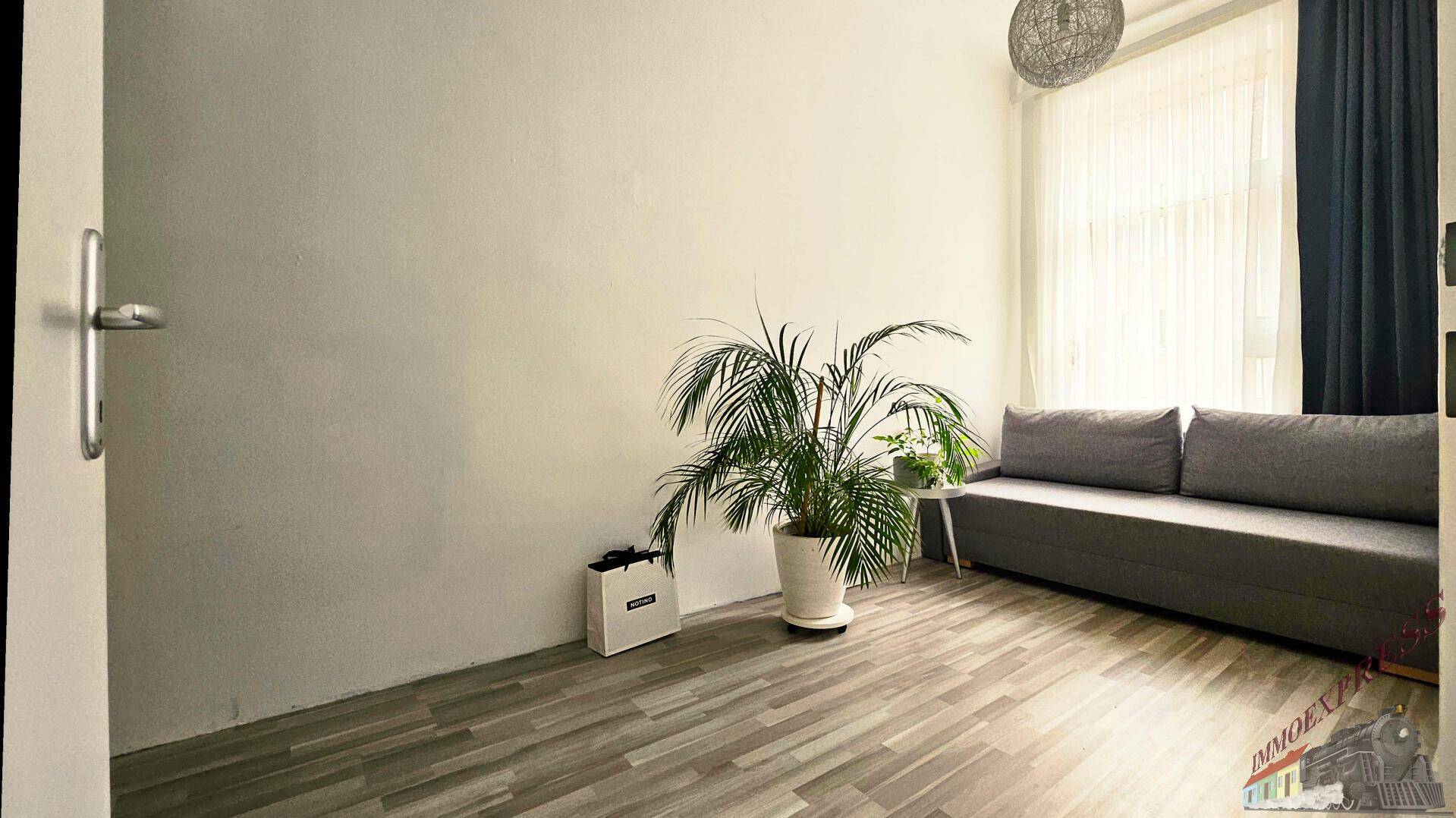 Helles Zimmer mit Sofa, Pflanzen und Laminatboden, ideal als Wohn- oder Schlafbereich.