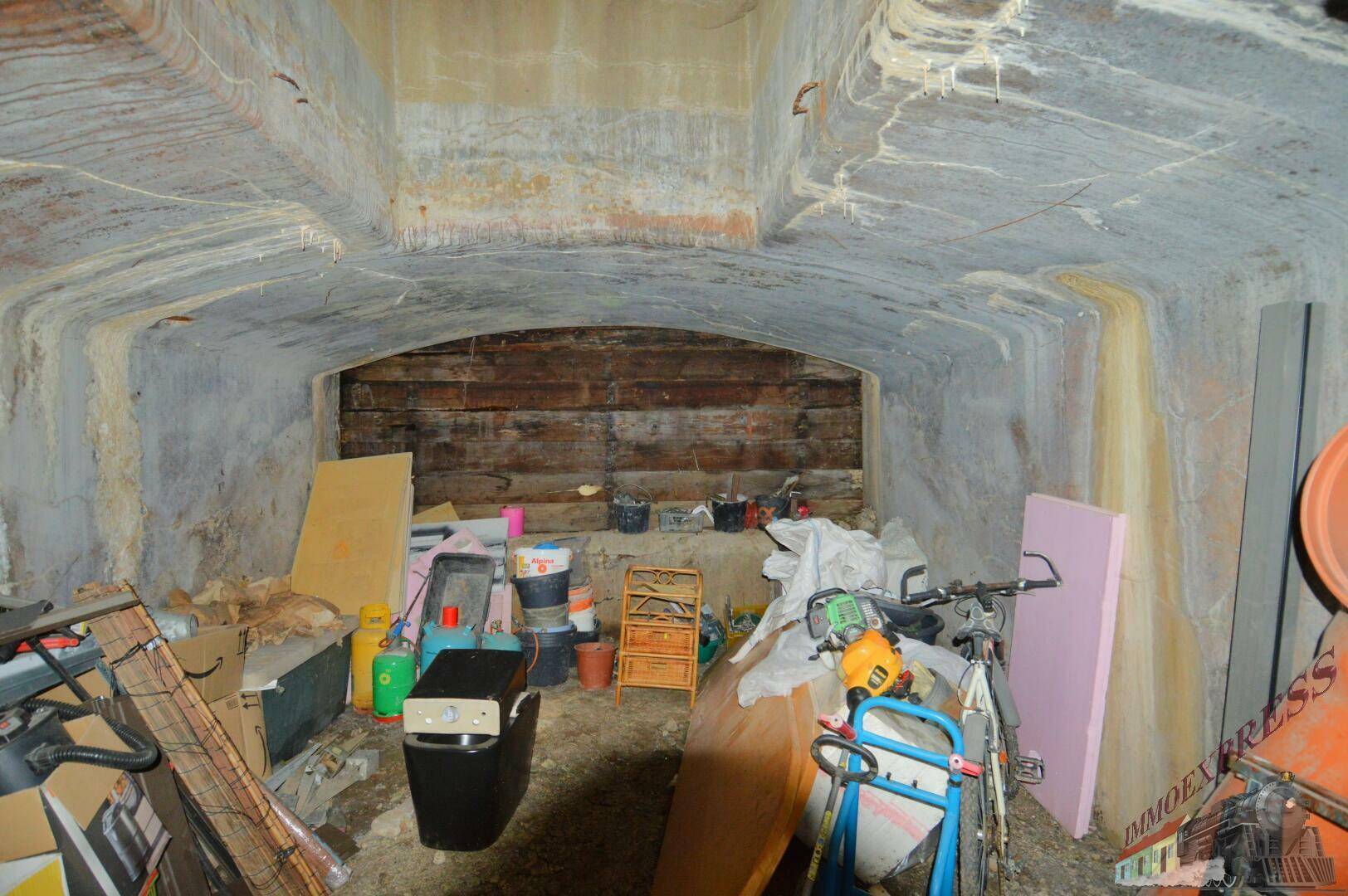 Geräumiger Kellerraum mit gewölbter Decke und unebenen Wänden, genutzt als Lagerfläche.