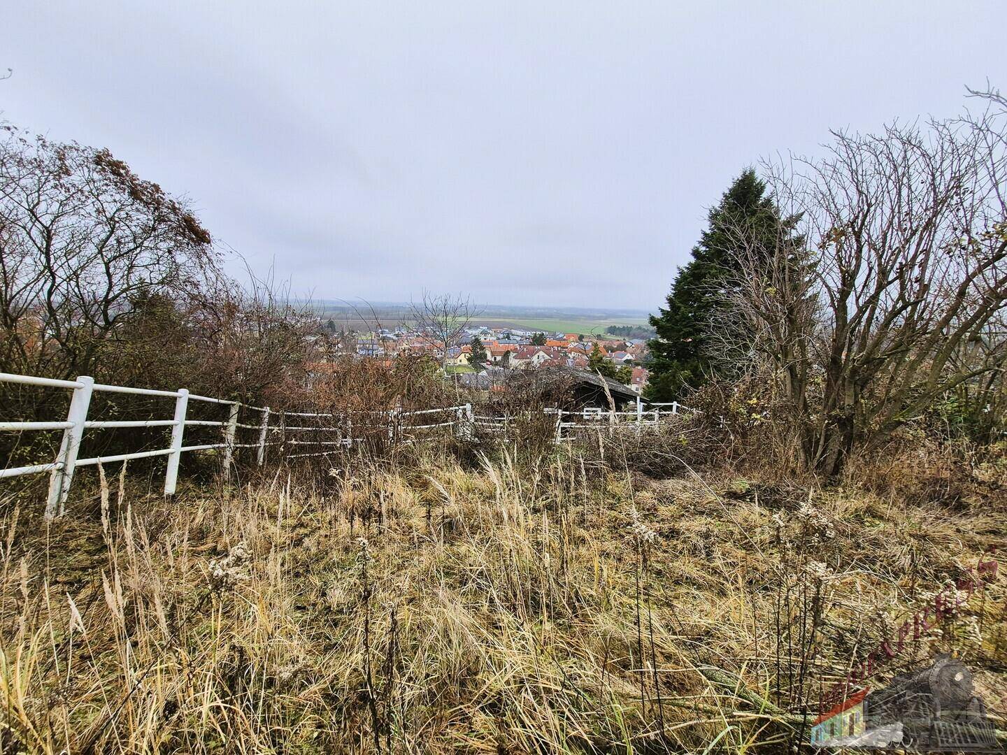 Blick über eine bewachsene Hügellandschaft auf eine entfernte Ortschaft unter bewölktem Himmel.
