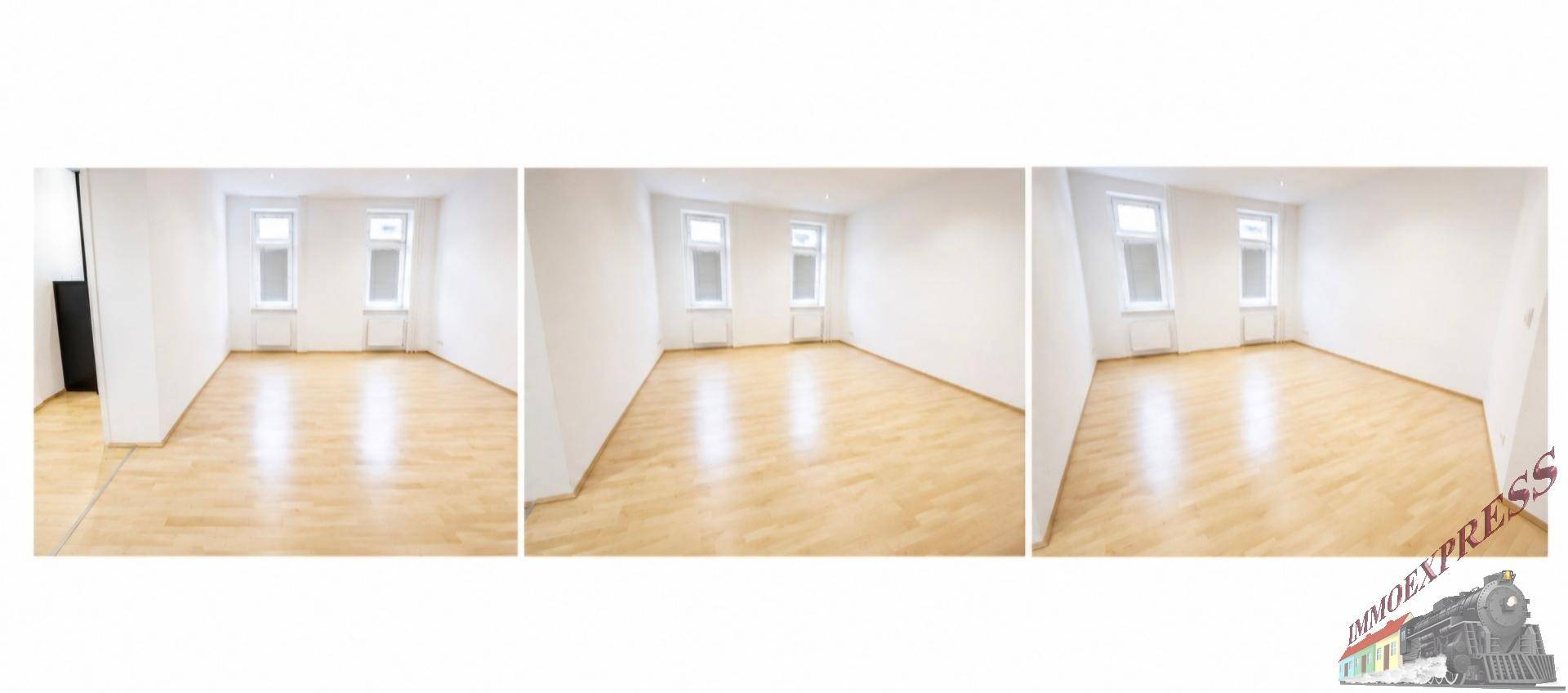 Heller, leerer Raum mit großen Fenstern und hellem Holzparkettboden, bereit zur individuellen Gestaltung.