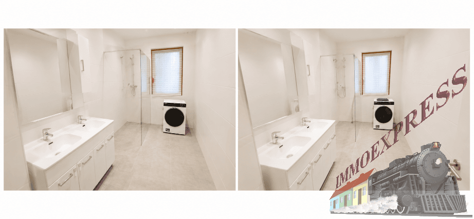 Modernes Badezimmer mit Doppelwaschbecken, Dusche, Waschmaschine und Fenster für Tageslicht.