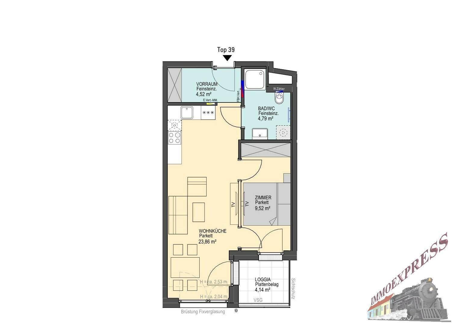 Grundriss einer kompakten Wohnung mit offener Wohnküche, separatem Zimmer und Loggia.