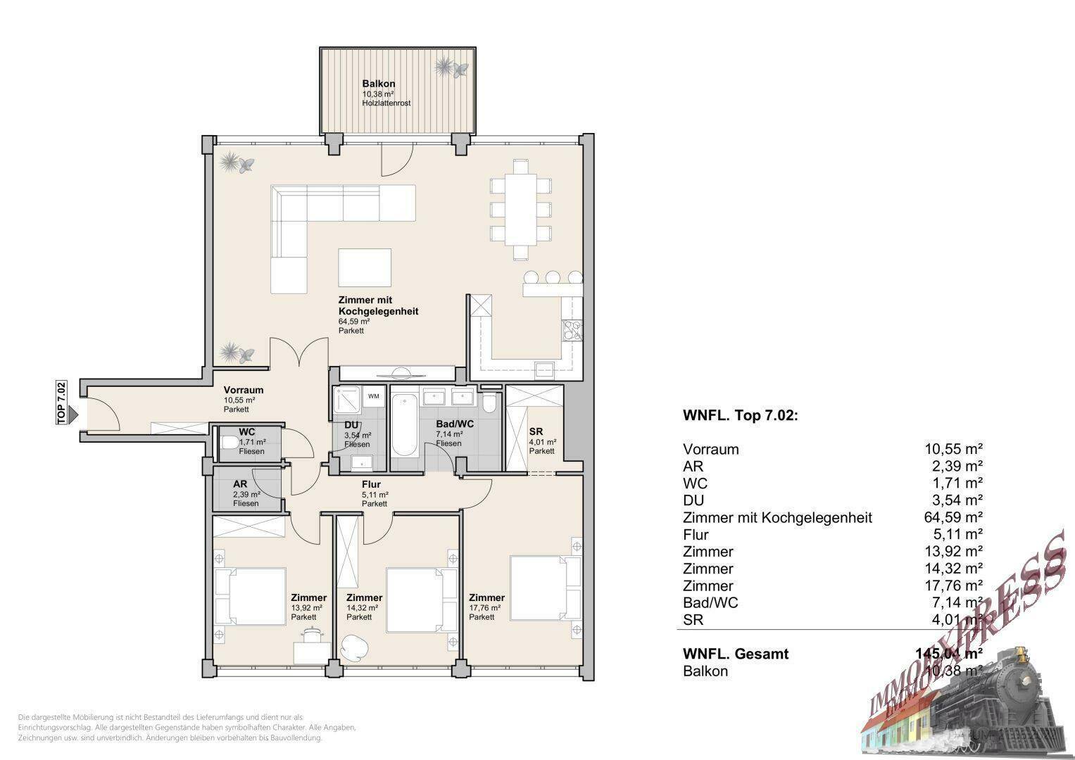 Detaillierter Grundriss der Wohnung mit Zimmern, Kochgelegenheit und Balkon.