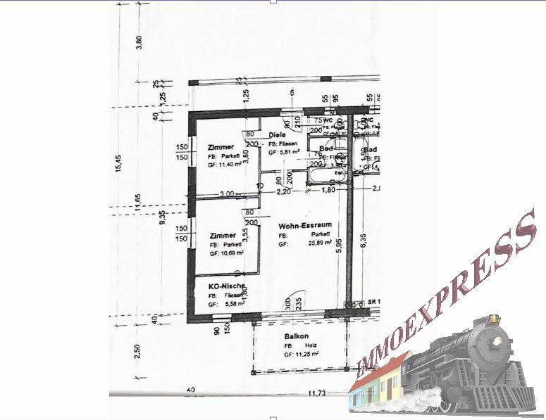 Grundriss der Wohnung mit Wohn-Essraum, zwei Zimmern und Balkon.