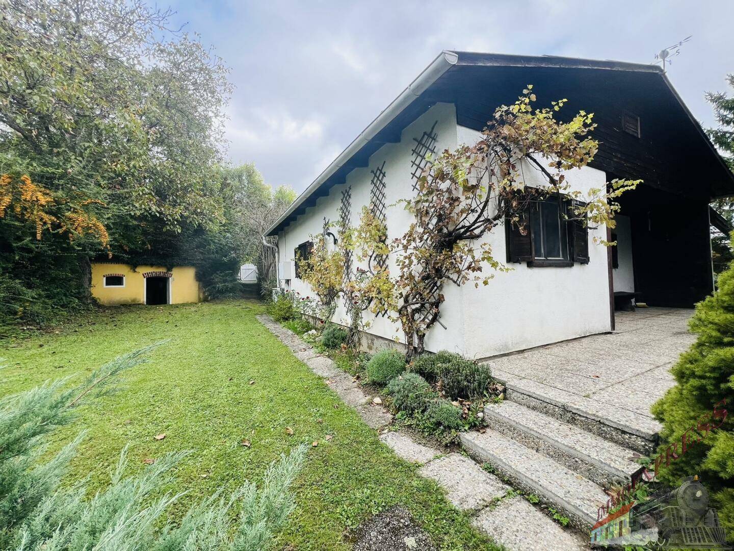 Seitenansicht des Hauses mit grünem Rasen, Terrasse und dem Weinkeller im Hintergrund.