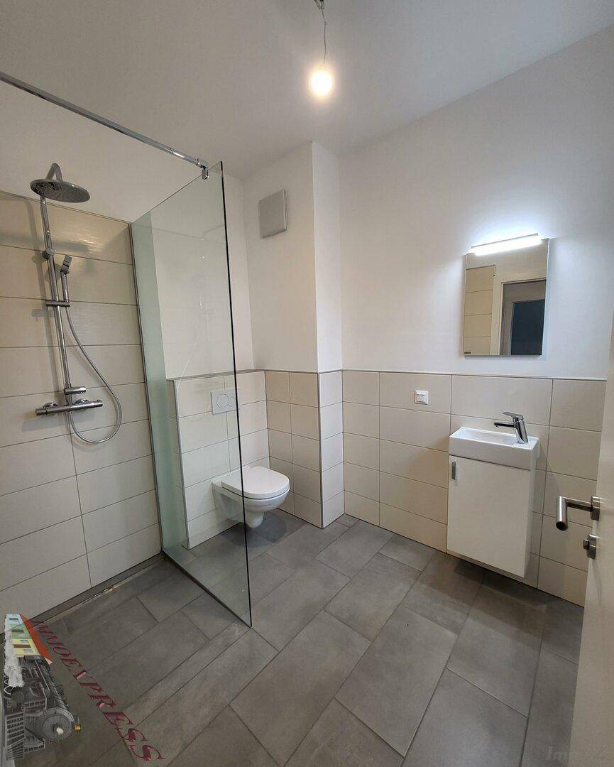 Modernes Badezimmer mit ebenerdiger Dusche, WC und Einzelwaschbecken.