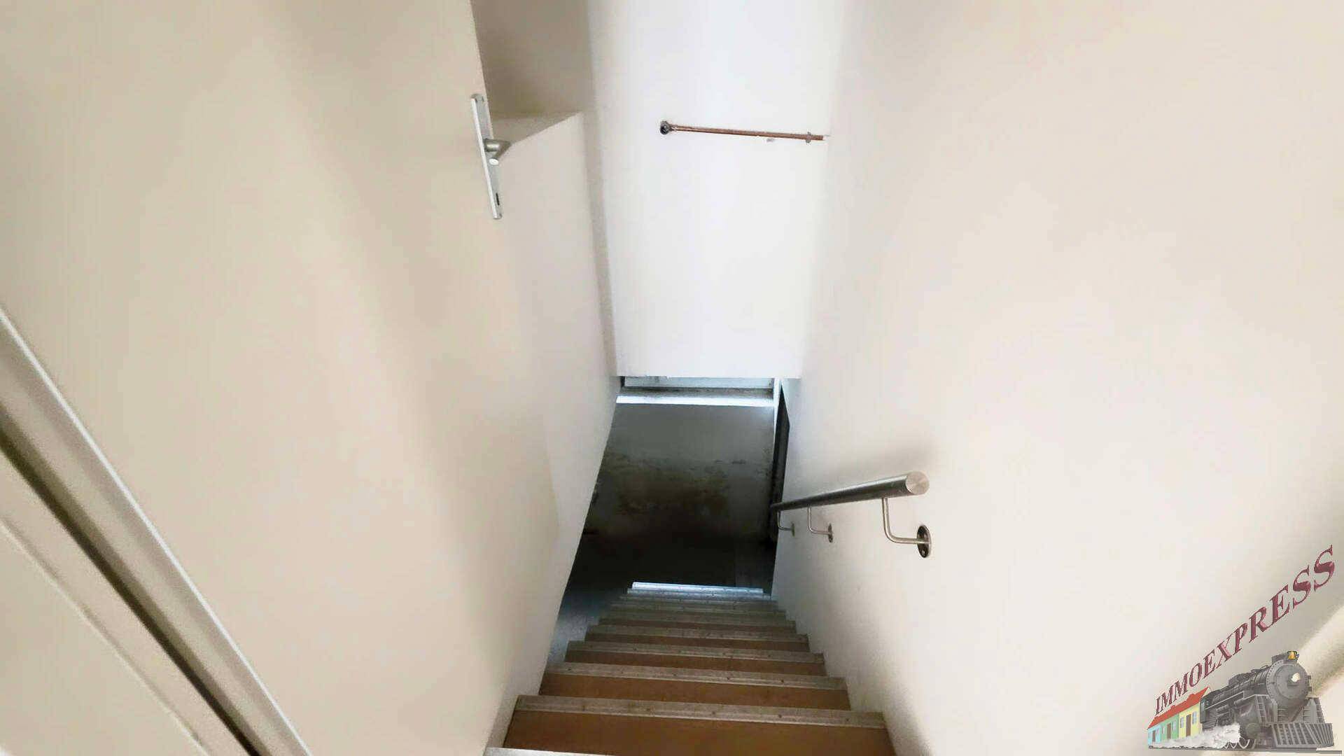 Treppenabgang in den Keller mit schlichten Wänden und einfachen Handläufen.