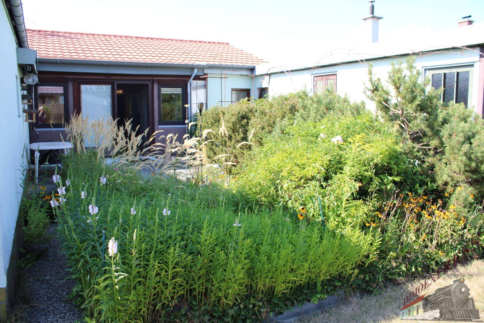 Üppiger Gartenbereich mit verschiedenen Pflanzen und einem kleinen Terrassenabschnitt im Hintergrund.
