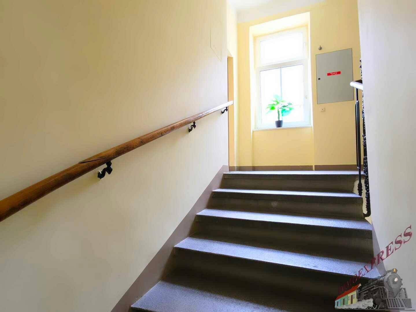 Treppenaufgang mit Holzgeländer, Fenster und einer Pflanze auf der Fensterbank.
