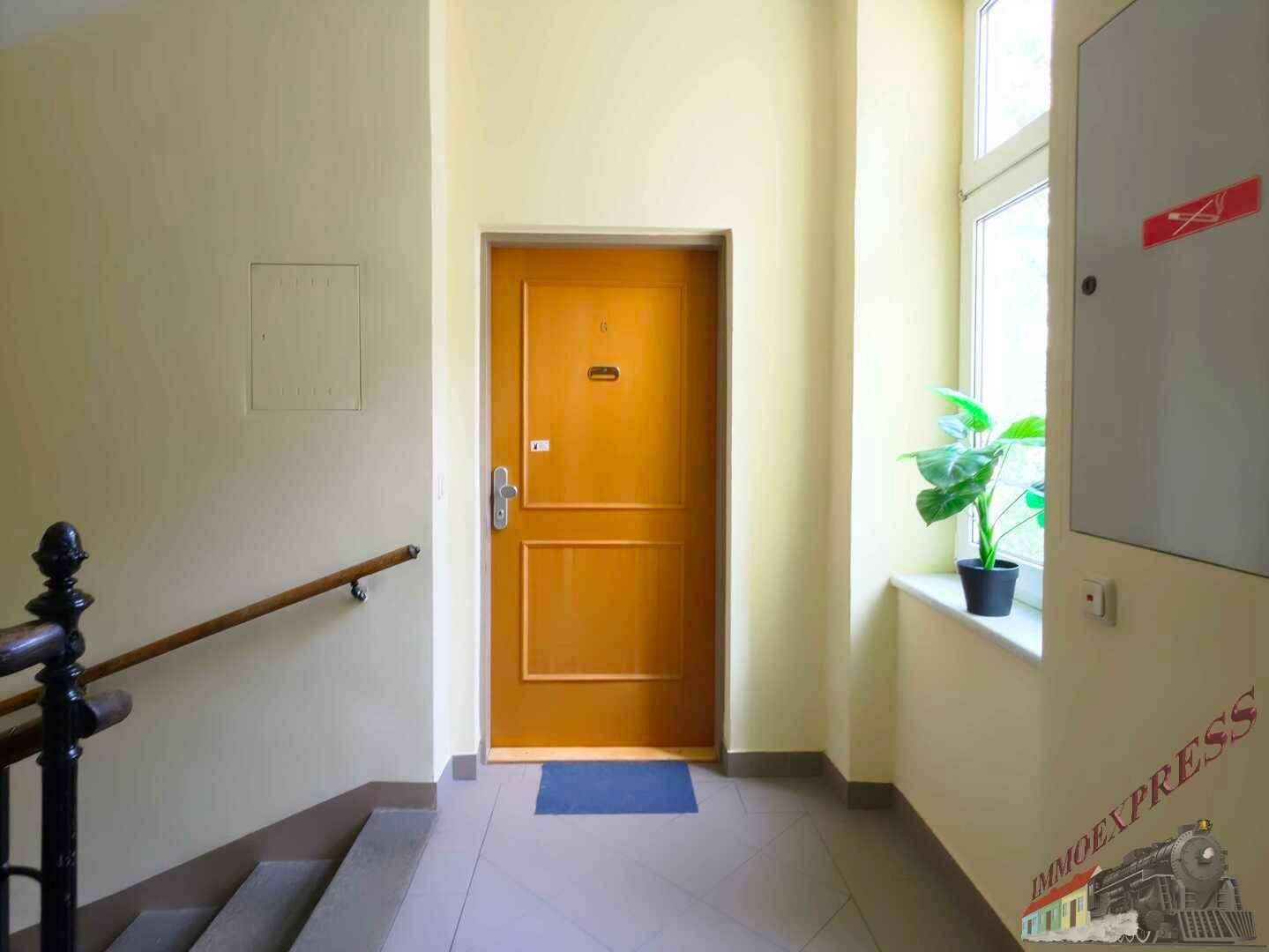 Treppenabsatz mit Wohnungstür, Fenster und einer Pflanze auf der Fensterbank.