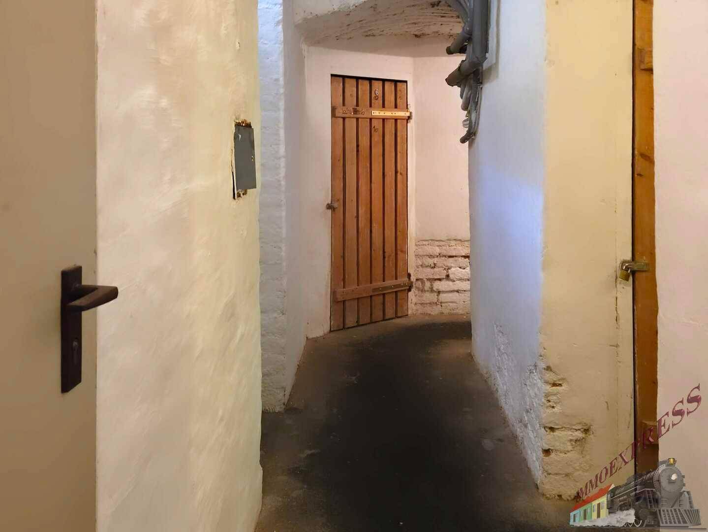 Gewölbter Kellergang mit Holztür und rauen Wänden, der zu weiteren Räumen führt.