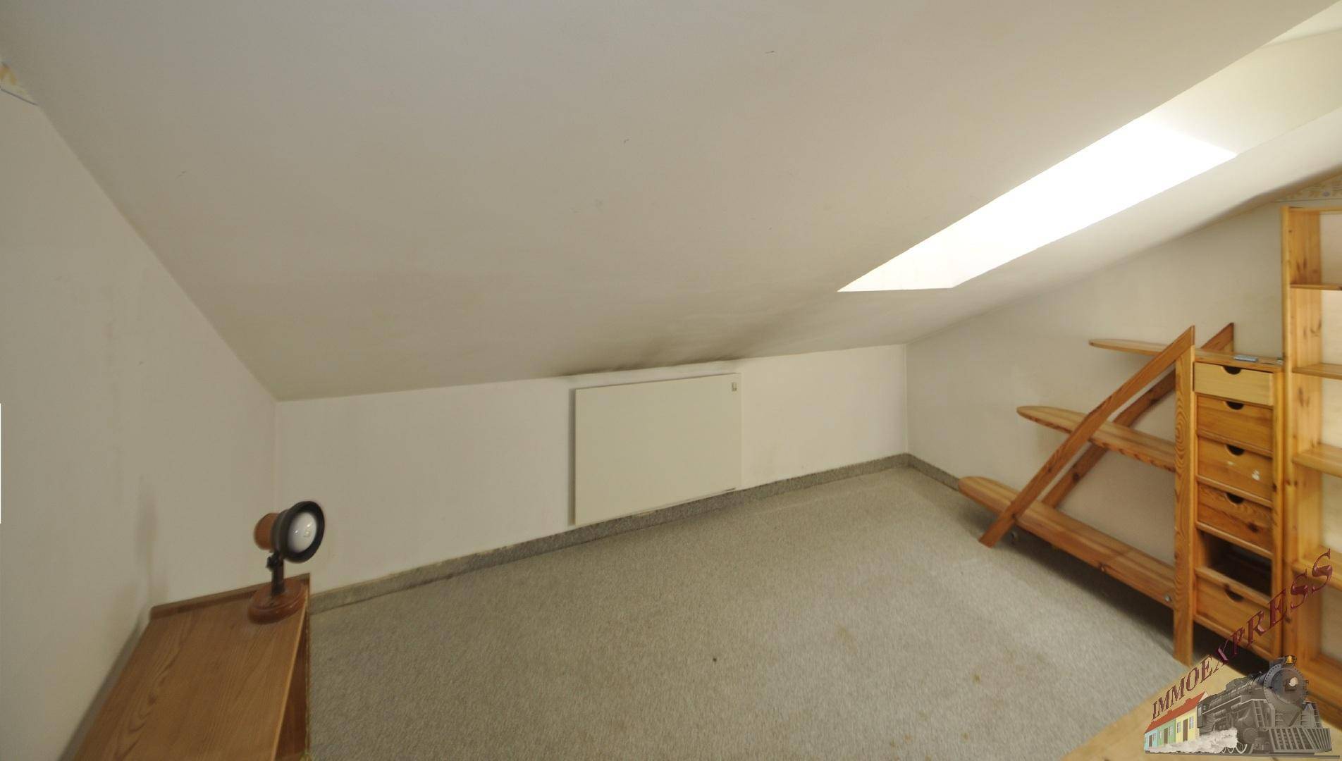 Dachgeschossraum mit schräger Decke, Dachfenster und Teppichboden, ideal als Abstellraum.
