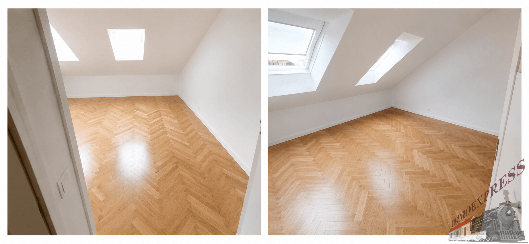Helles Schlafzimmer mit Dachschrägen, Parkettboden und zwei Dachfenstern für viel Tageslicht.