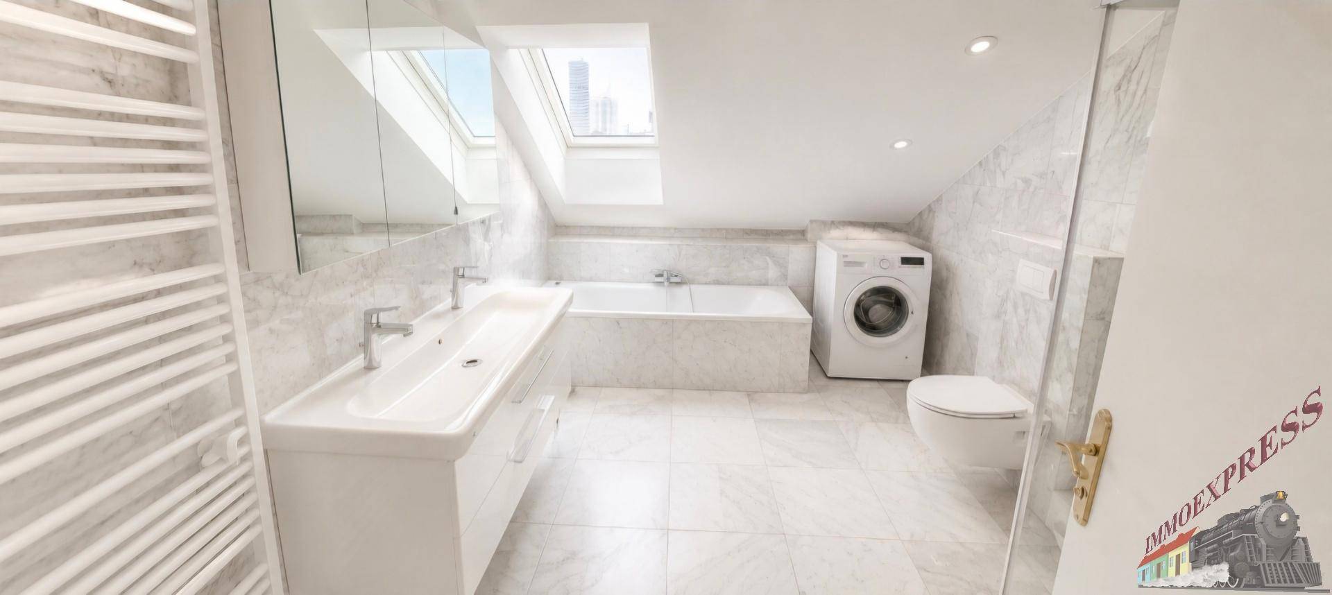 Modernes Badezimmer mit Badewanne, Doppelwaschbecken, Waschmaschine und Dachfenster.