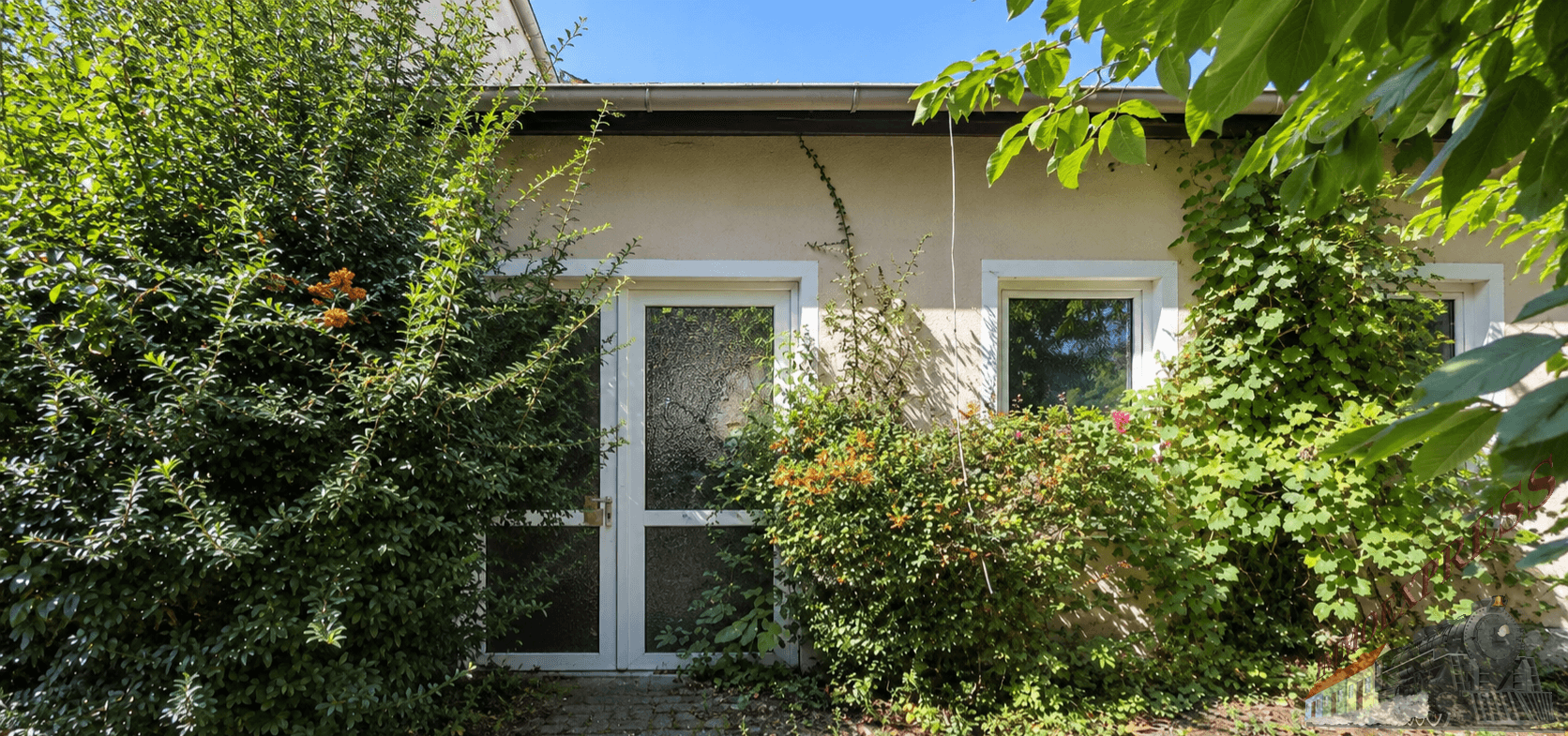 Seitlicher Eingangsbereich des Hauses, umgeben von dichtem Efeu und grünen Büschen.