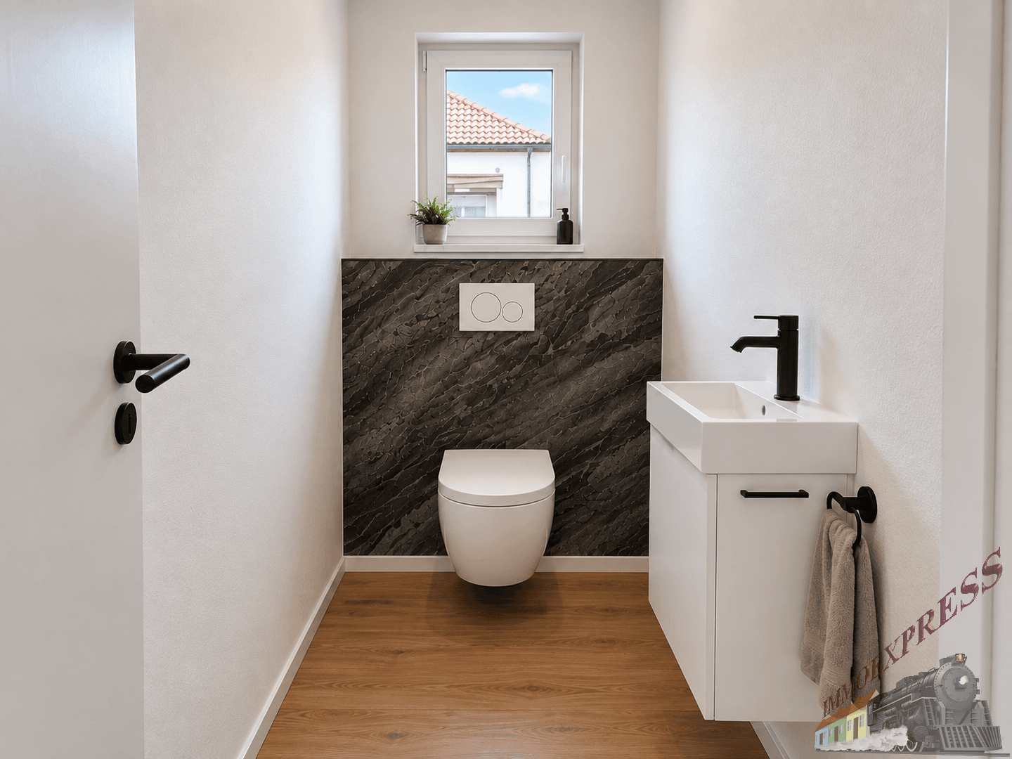 Modernes Gäste-WC mit wandhängendem WC, kleinem Waschbecken und Fenster für Tageslicht.