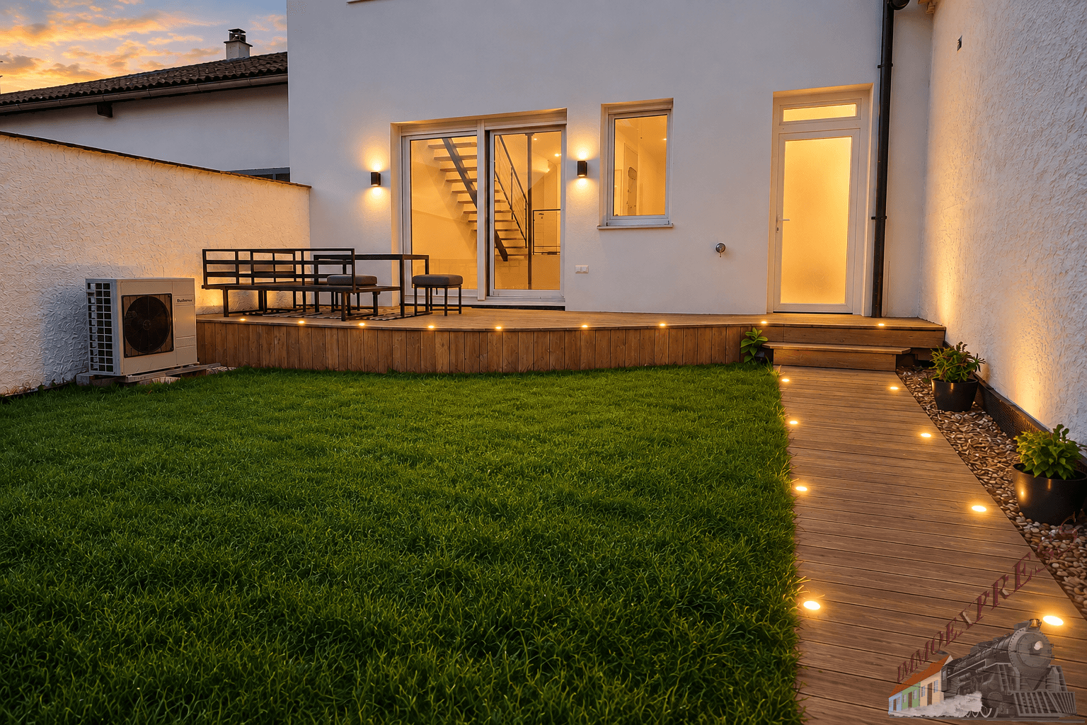 Gepflegter Gartenbereich mit Rasenfläche, Holzterrasse und stimmungsvoller Beleuchtung bei Dämmerung.
