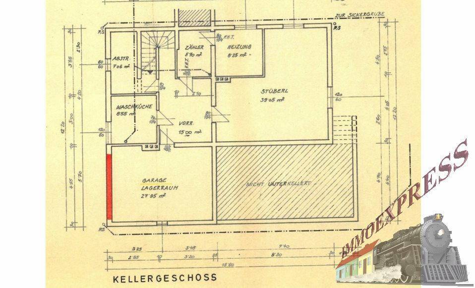 Grundriss des Kellergeschosses mit Heizraum, Waschküche, Stüberl und Garage.