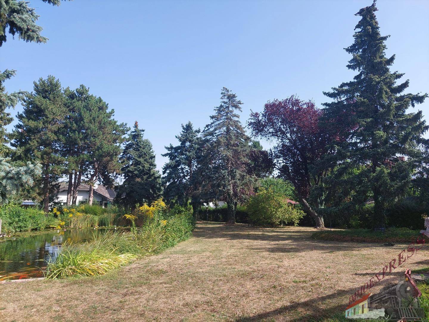 Großer, gepflegter Garten mit weitläufiger Rasenfläche, alten Bäumen und einem Teich.