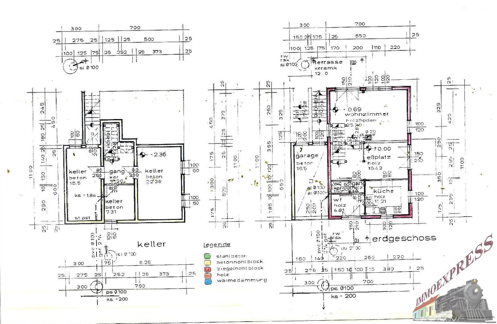 Grundriss des Kellers und Erdgeschosses mit Garage und Wohnbereich.