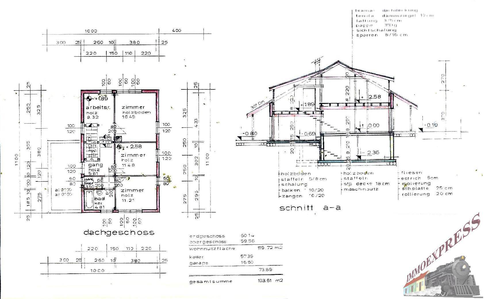Grundriss des Dachgeschosses und Schnittansicht des Gebäudes.